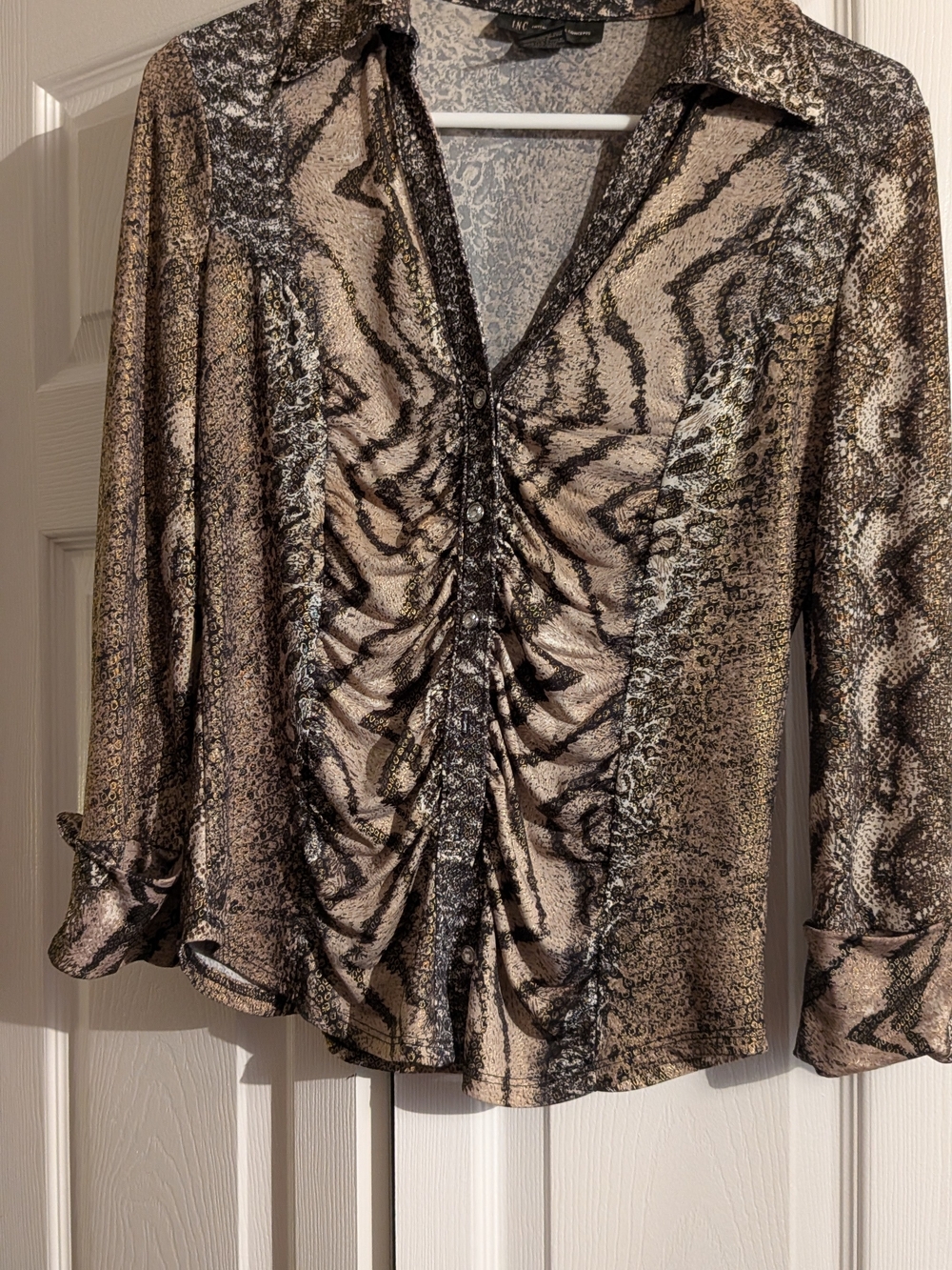 INC International Concepts Ruched Animal Print Blouse - Neutral Tones